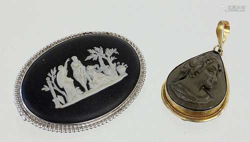 TWO ANTIQUE CAMEOS Silver with lava stone and