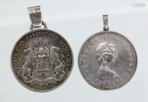 TWO PENDANTS WITH SILVER COINS Hamburg 1888 and