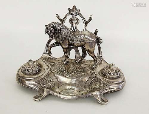 AN ART NOUVEAU INKWELL WITH HORSE FIGURE Circa