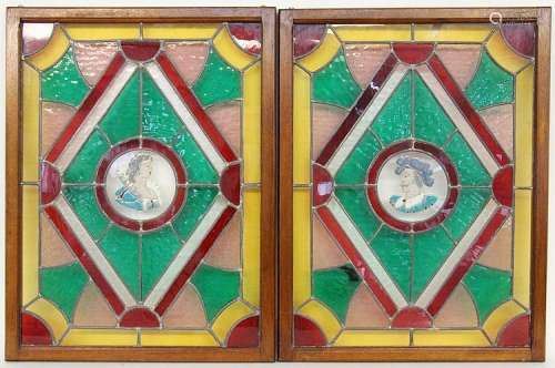 A PAIR OF LEAD GLAZINGS circa 1900 Coloured