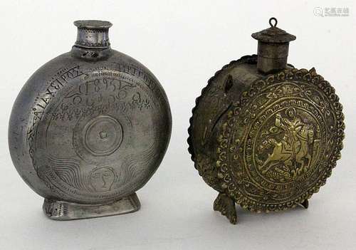 TWO OLD POWDER BOTTLES Pewter with engraved