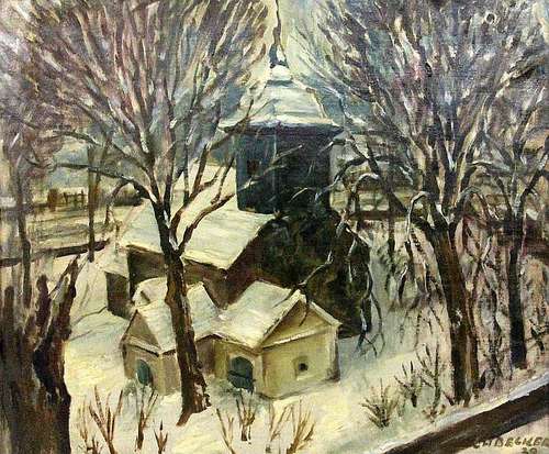 BECKER, L.H.1929 Church in the snow. Oil on