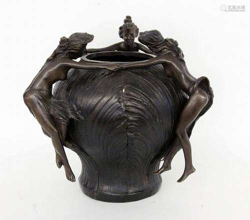 A VASE WITH THREE GIRL FIGURES Patinated bronze