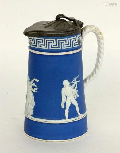 A CERAMIC JUG WITH PEWTER LID Jasperware with