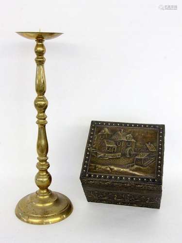 A BOX AND A FLOOR CANDLEHOLDER wood with brass