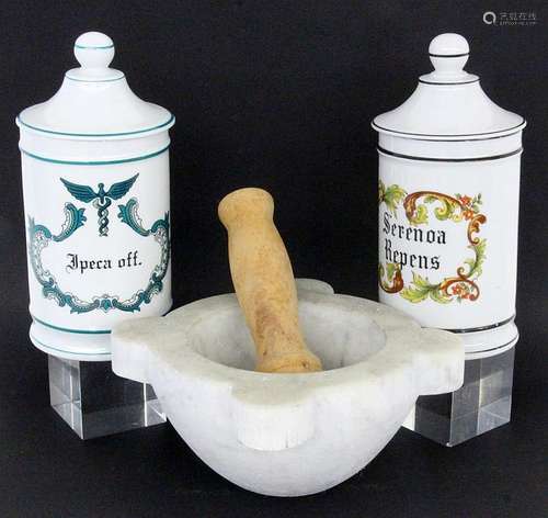 A MORTAR AND TWO PHARMACY VESSELS Porcelain