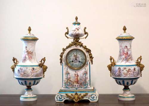 Gilt-Bronze Mounted Severs Style Clock Set with Two Covered Urns