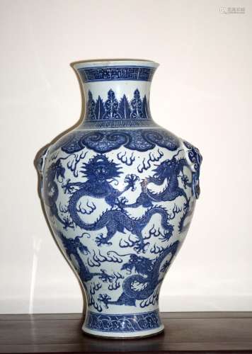 A Large Chinese Blue and Withe Dragon Vase