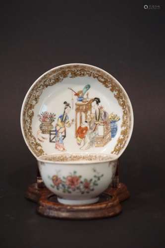 Finely Painted Famille Rose Chinese 'Ladies in Waiting' Cup + Saucer
