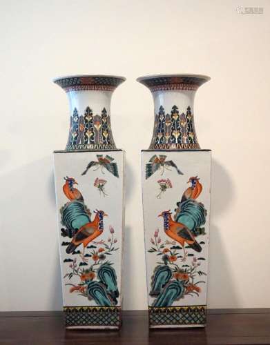 A Pair of Chinese Famille Verte Square Form 'Birds' Vases