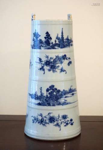 A Rare Chinese Export Blue and White 'Landscape' Barrel-Form Vase