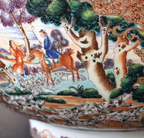 A Rare Chinese Export Famille Rose 'Hunt Scene' Punch Bowl