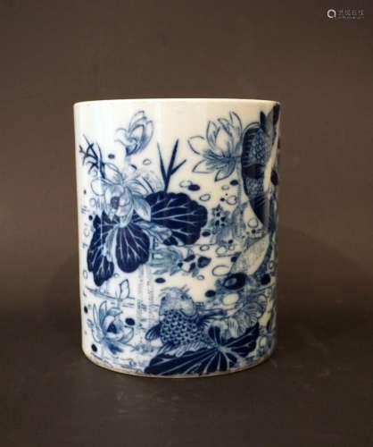 A Chinese Blue and White 'Aquatic Life' Brushpot, Kangxi Mark