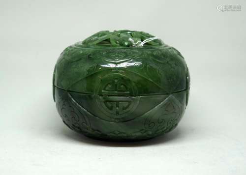 A Large Chinese Spinach Green Jade 'Wufu' Box and Cover