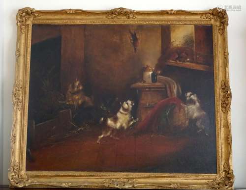 19th Century Oil Painting Depicting Three Dogs Playing with A Fox