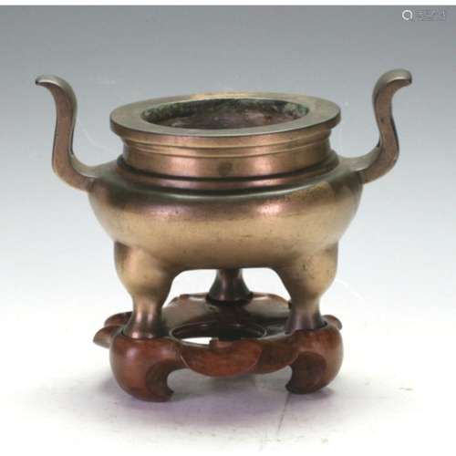 C18th Bronze Censer With Wooden Stand
