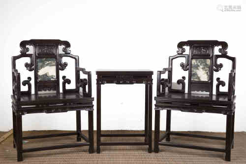 A Pair Of Chinese Zitan Chairs With A Table