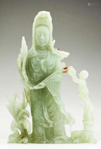 A Chinese Jade with Guan Yin and Tong zi Figures.