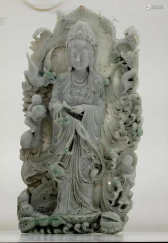 A Large Chinese Jadeite Carved Guan Yin and Flower