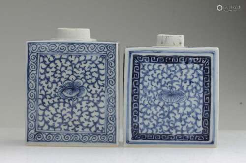 Two Chinese Blue and White Rectangle Tea Jars