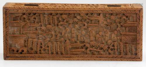 Chinese Wood Box with Figural and Courtyard Scenes