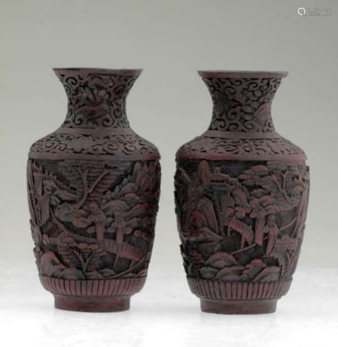 A Pair of Chinese Cinnabar Carved Vases.