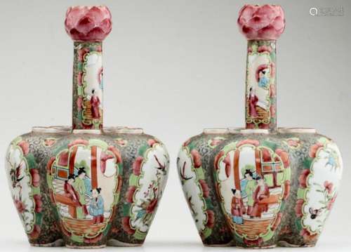 A Pair of Chinese Rose Medallion Five Hole Vase