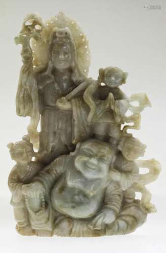 A Jade with Guan Yin, Tong Zi and Buddha figures.