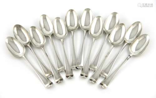 A set of twelve George II silver Hanoverian pattern tablespoons, by Jabez Daniel, London 1762, the