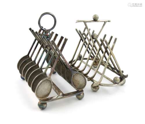 An electroplated novelty tennis toast rack, rectangular form, the bars formed by crossed tennis