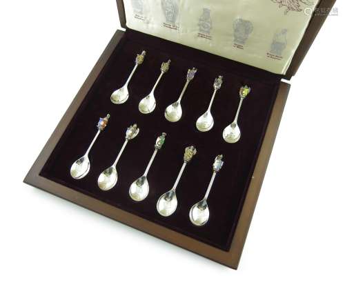 A set of ten silver and enamel Queen's Beasts spoons, by Toye, Kenning & Spencer, London 1977, no.