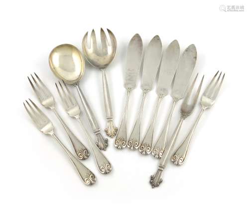 A mixed lot of silver flatware, comprising: a pair of Danish Acanthus pattern salad servers and