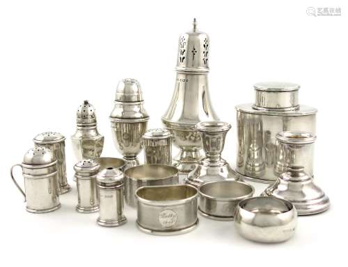 A mixed lot of silver items, comprising: an Edwardian tea caddy, Birmingham 1905, oval form, pull-