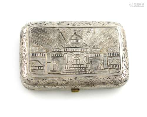 A Turkish silver cigarette case, rectangular form, the hinged cover with an architectural scene, the