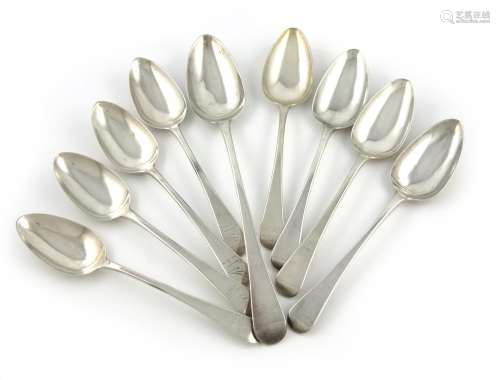 A small collection of George III silver Old English pattern flatware, comprising: a basting spoon,