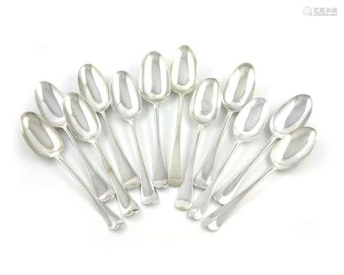 A collection of eleven 18th century silver Hanoverian pattern tablespoons, and one Old English