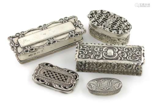 A small collection of five silver boxes, various dates and makers, comprising: two with pierced