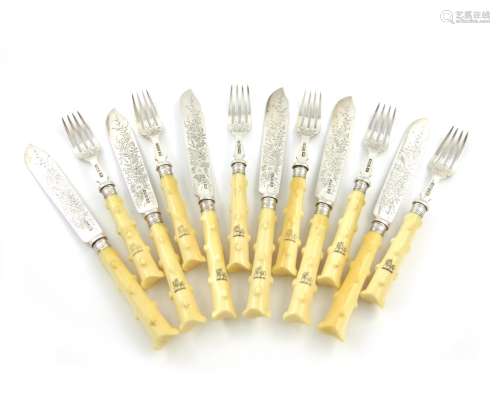 λA set of six Victorian silver fish knives and forks, by H. Atkins, Sheffield 1897 and 1898, the