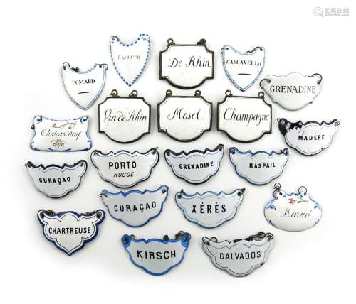 A collection of twenty French enamelled wine labels, various designs, and titles including 'POMARD',