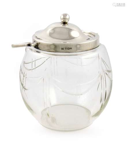 A silver-mounted glass biscuit jar, by Frank Cobb & Co Ltd, Sheffield 1910, circular bellied form,