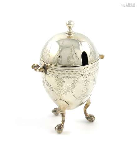 A Victorian silver mustard pot, by Messrs. Lias, London 1866, ovoid form, the hinged cover with a