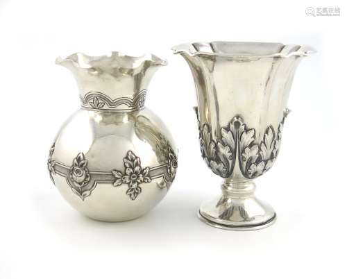 Two Portuguese silver vases, Oporto 1882-1938, one of baluster form, with a foliate girdle, and