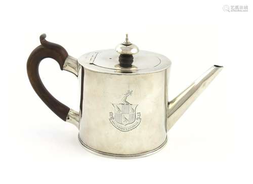 A George III silver tea pot, by John Scofield, London 1778, plain drum form, scroll handle, later