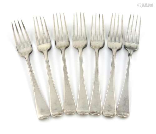 A set of seven George III silver Old English pattern table forks, by Solomon Hougham, London 1804,