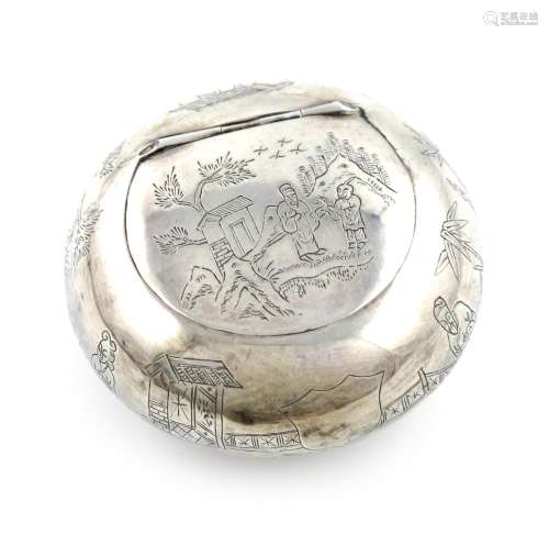 A Chinese silver squeeze-action tobacco box, marked 85 and with Chinese characters, circa 1900-1920,