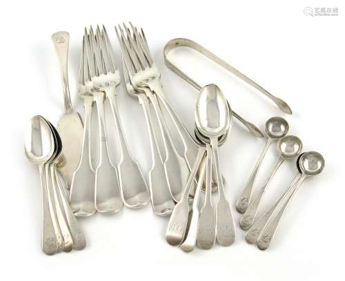 A mixed lot of silver flatware, comprising: a set of six George III Fiddle pattern table forks, by