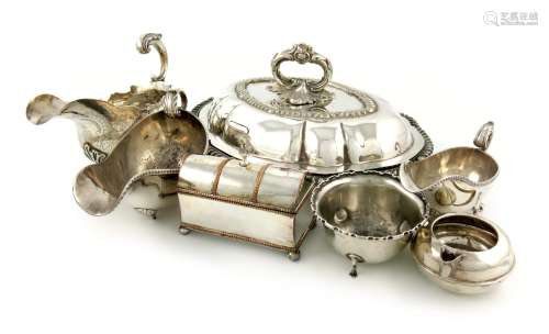 A mixed lot, comprising: a George II silver sauce boat, London possibly 1749, oval form, later