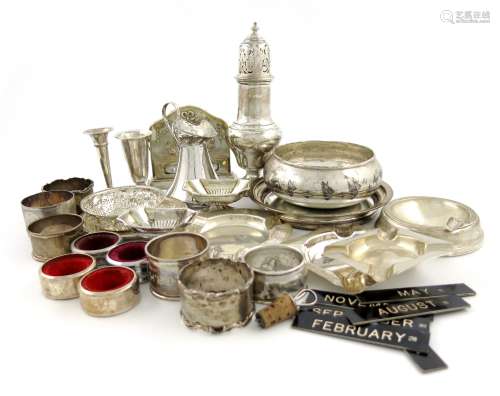 A mixed lot of silver items, various dates and makers, comprising: a desk calendar, Birmingham 1907,