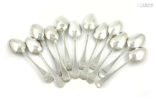 A collection of twelve 18th century silver Hanoverian pattern tablespoons, various dates and makers,