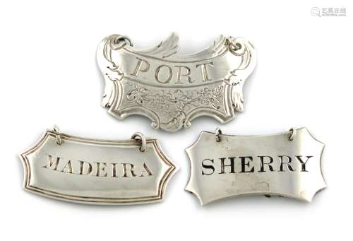 A small collection of three antique provincial silver wine labels, comprising: an 18th century one